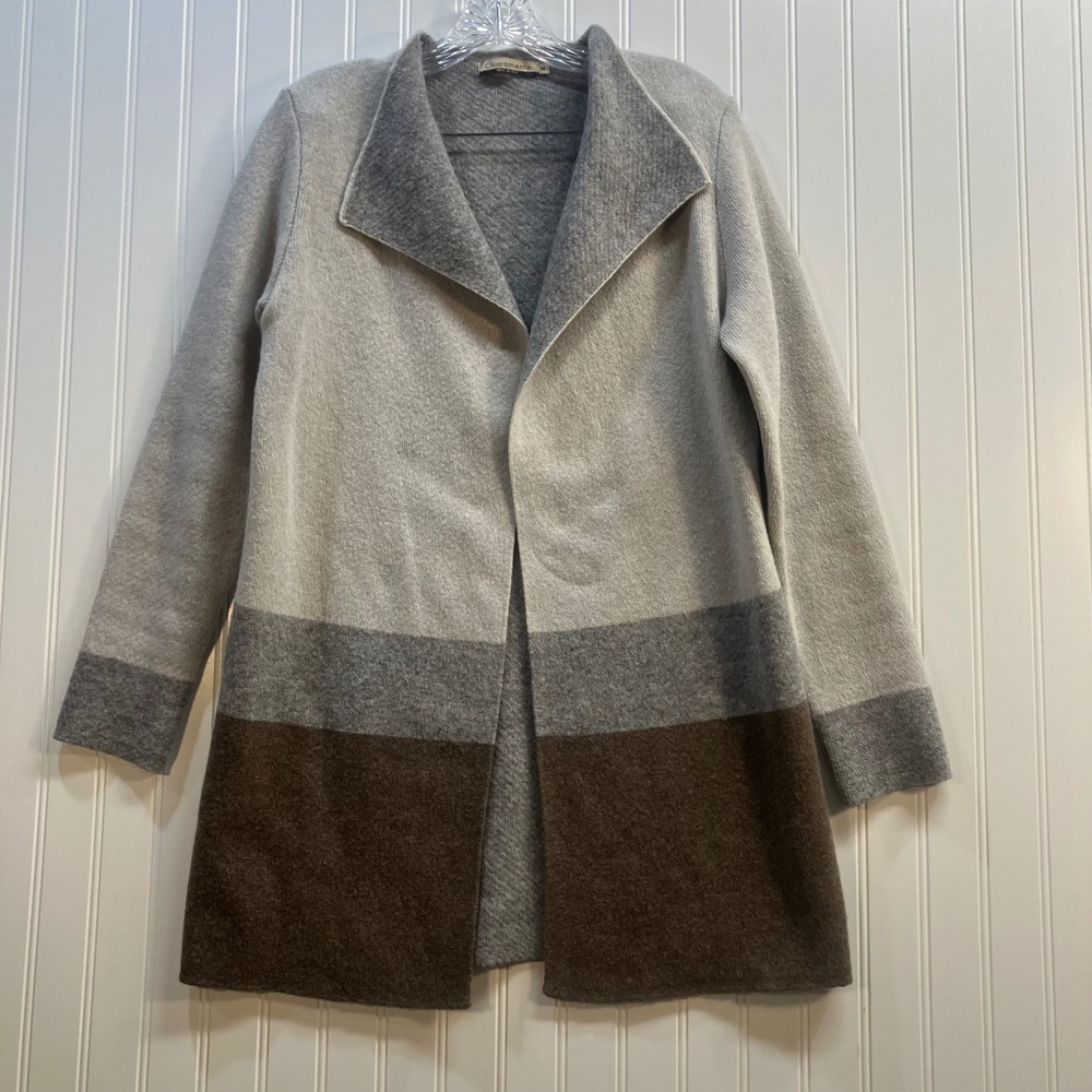 Chiaramente Italy Womens Wool Blend Colorblock Open Front Cardigan Grey Brown M